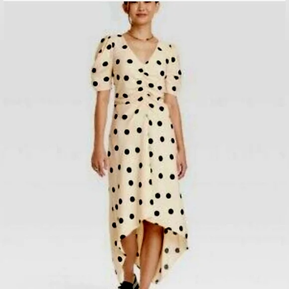 A New Day Dresses | Nwt New Day Short Sleeve Crepe Midi Dress Beige/ Black Polka Dot | Color: Black/Cream | Size: M | Sassygals247's Closet